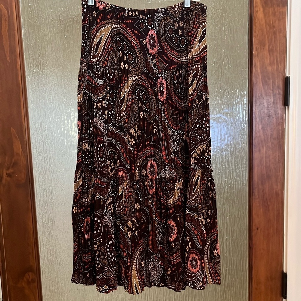 Vintage Brown and Red A-line Midi Skirt with Tiered Style for Casual Wear